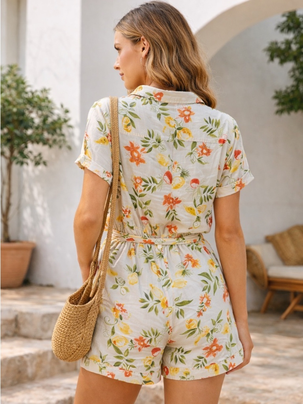 Velvet Heart Vintage Lemon Citrus Floral Romper Linen Blend Cottagecore Summer S - Picture 2 of 11